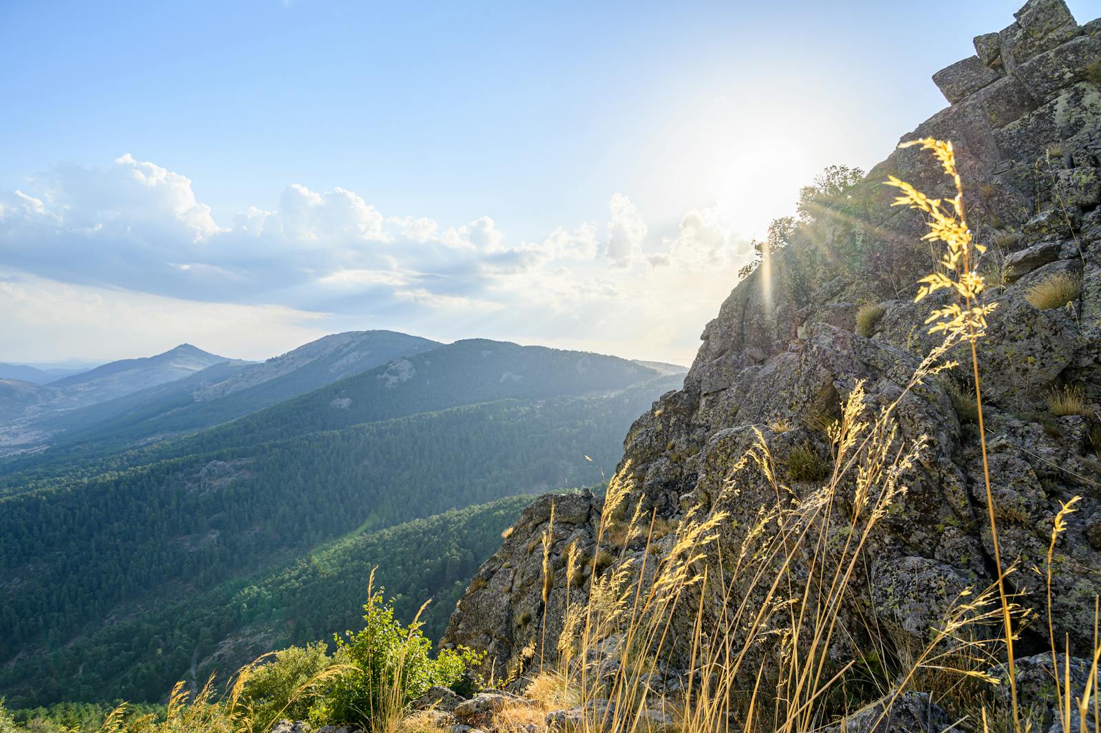 Breathtaking view of sunlit mountains and lush forest under a blue sky in Spain.